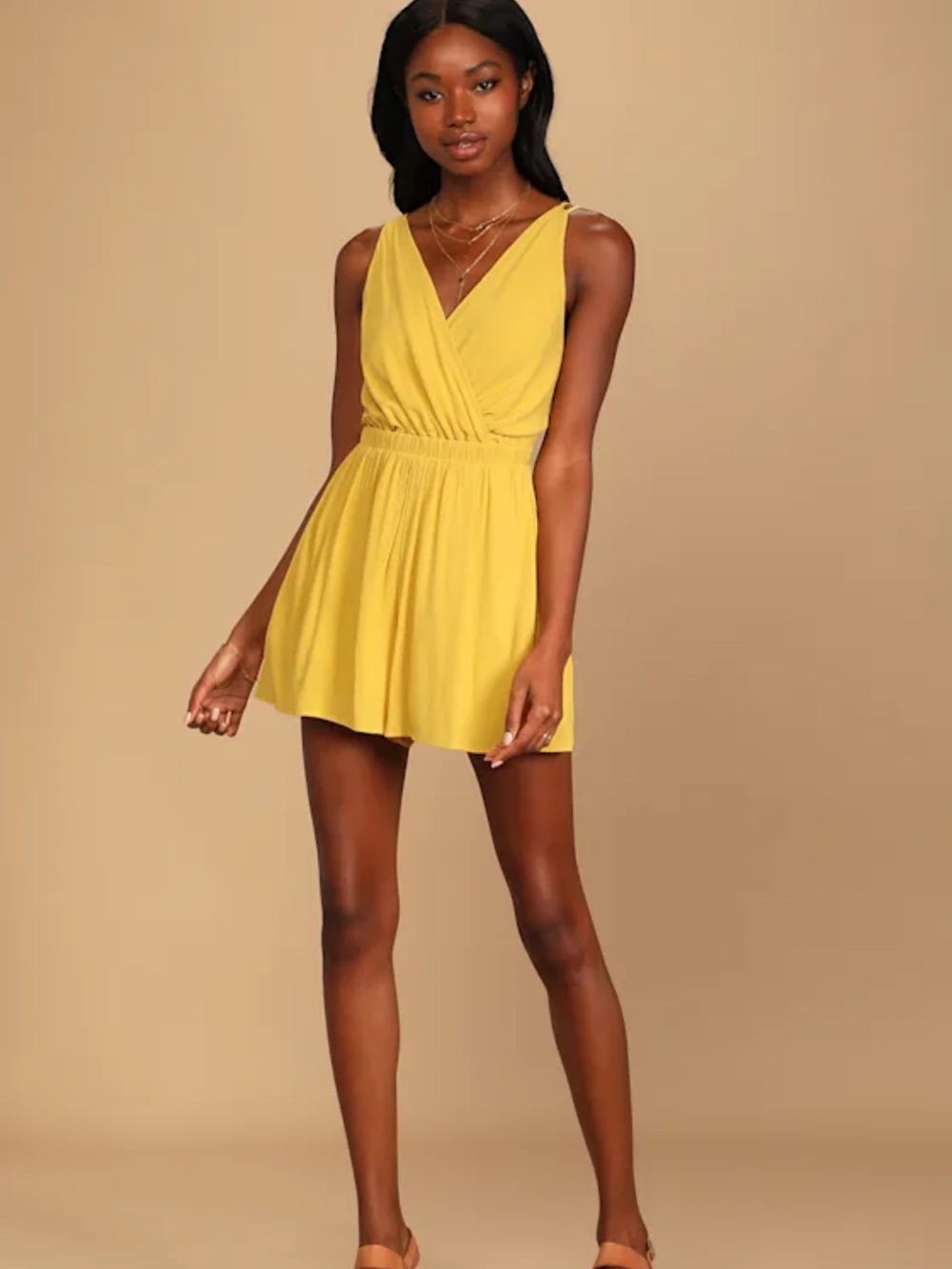 Lulu's Mustard Yellow V-Neck Strappy Backless Romper